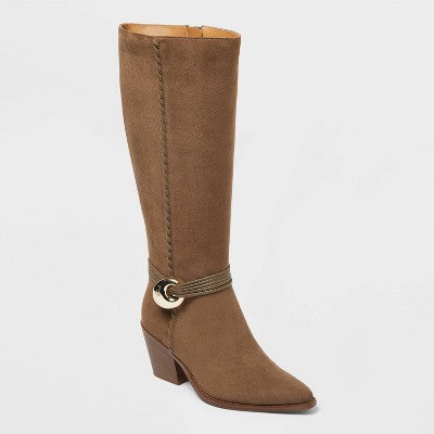 Women's 10 Wide Calf Rio Wide Calf Whip Stitch Tall Boots with Memory Foam Insole  Universal Thread Taupe *Damaged Box*