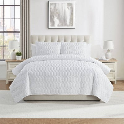 VCNY 3pc Full/Queen Diamond Pinsonic Quilt Set White: Hypoallergenic Microfiber, Embroidered, No Fill