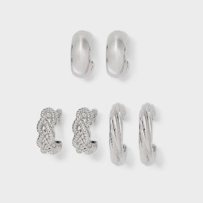 Braided and Twist Textured Hoop Earring Set 3pc