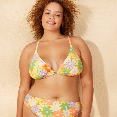 Women's Size 14/16 Floral Print Triangle Bikini Top - Wild Fable Yellow/Orange/Green X: Crisscross Back, Sewn-in Cups