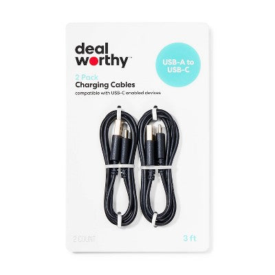 3' USB-A to USB-C 2pk Cable - dealworthy, Black