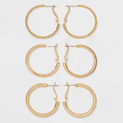 Mixed Texture Hoop Earring Set 3pc - Universal Thread  Gold