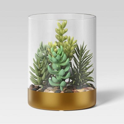 Round Glass Terrarium, Faux Succulent Decor
