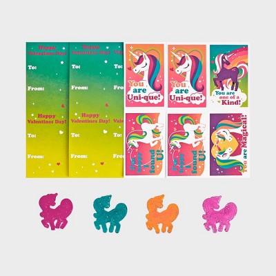 Sadie & Sam 16ct Valentine's Day Exchange Cards Unicorn Glitter Gel Cling
