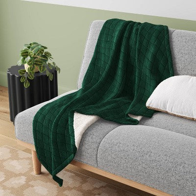 Quilted Jersey Throw Blanket with Faux Shearling Reverse Heathered Green - Room Essentials