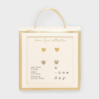 14k Gold Plated Brass Cubic Zirconia Polished/Pave Heart Earrings 2pc - A New Day Gold