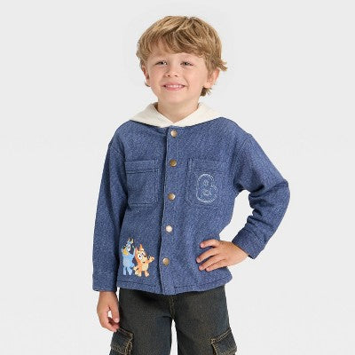Boys' 3T - Bluey Knit Denim Button-up Hoodie Jacket - Blue