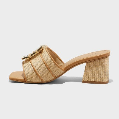 Women's 9.5 Kathleen Raffia Buckle Block Heels - A New Day Beige : Slip-On Open Square Toe, Medium Width