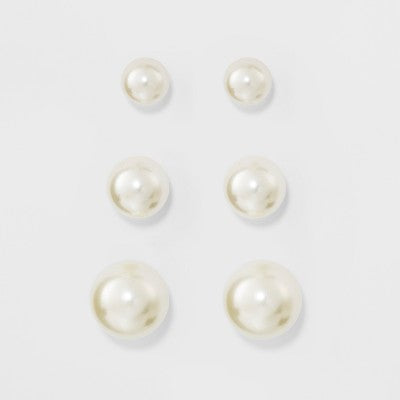 Faux Pearl Stud Earring Set 3ct - A New Day  Silver