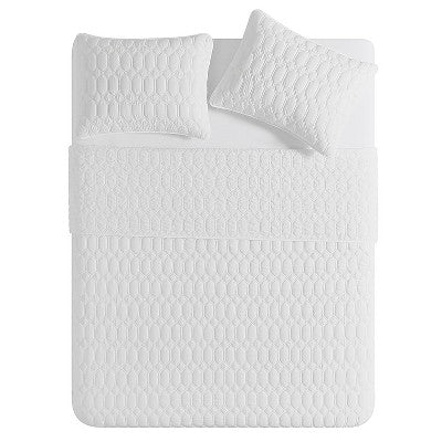 VCNY 3pc Full/Queen Diamond Pinsonic Quilt Set White: Hypoallergenic Microfiber, Embroidered, No Fill
