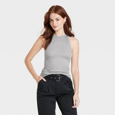 Women's S Slim Fit Ribbed Highneck Tank Top - A New Day Heather Gray Cotton Modal Blend, Sleeveless Pullover