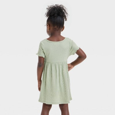 Girls' 12M Toddler Short Sleeve Ribbed Dress - Cat & Jack Olive Cotton Blend, A-Line, Crew Neck, Machine Washable