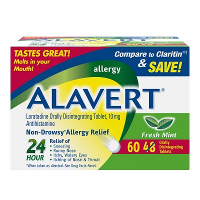 Alavert 24-Hour Allergy Relief Dissolving Tablets - Loratadine - Fresh Mint Flavor - 60ct **Exp 2026/09** *Damaged Box*