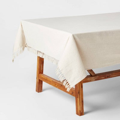 60 x 104 Cotton Slub Tablecloth with Tied Fringe Light Beige - Threshold