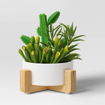 Artificial Succulent Wood Planter - Threshold : Faux Greenery, Indoor Stoneware Pot Decor