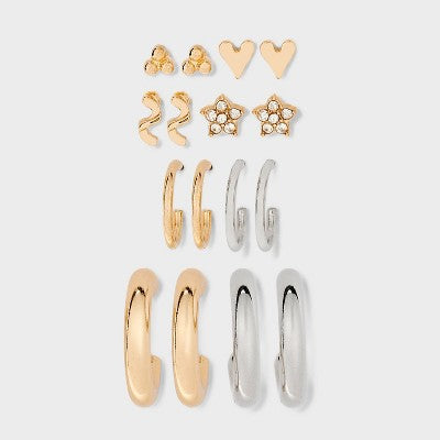 Floral and Heart Stud and Hoop Earring Set 8pc