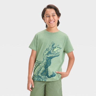 Boys' 2XL Husky Short Sleeve Dino Eating Shark Graphic T-Shirt - Cat & Jack Olive Green Cotton Blend, Crew Neck, Animal Pattern