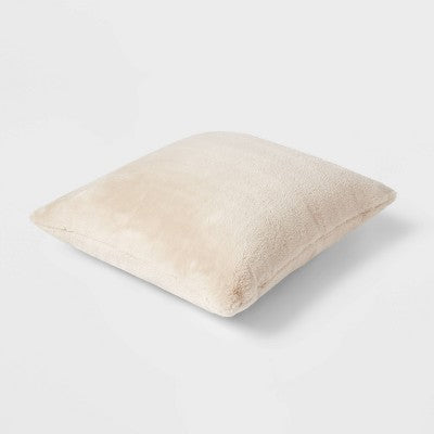 Oversized Faux Rabbit Fur Square Throw Pillow Neutral - Threshold : Cozy Decorative Cushion for Indoor Use