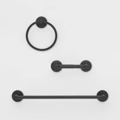 3pc Bath Hardware Set Black - Threshold: Metal Bathroom Accessories, Includes Towel Ring & Tissue Holder *Damaged Box*