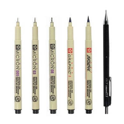 6pc Manga Comic Pro Drawing Set - Black Pigma Micron: Fine Point 0.5mm Porous Pens, Black Ink, 6 Pack