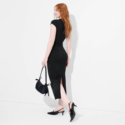 Women's M Rib-Knit Short Sleeve Maxi T-Shirt Dress - Wild Fable Black