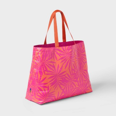 Water Resistant Reversible Tote Bag - Open Story  Pink/Coral Palm: Double Handles