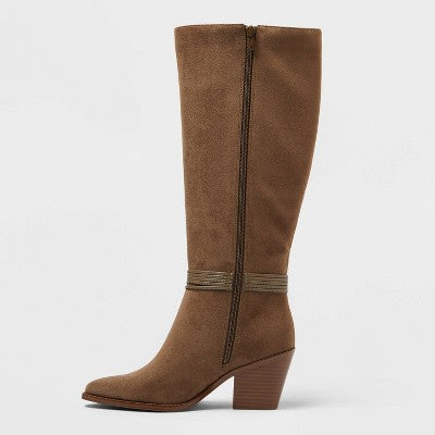 Women's 10 Wide Calf Rio Wide Calf Whip Stitch Tall Boots with Memory Foam Insole  Universal Thread Taupe *Damaged Box*