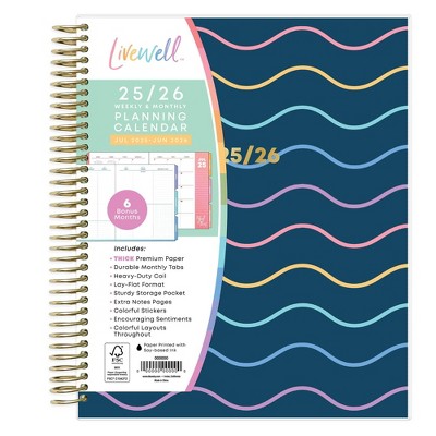 Blue Sky 7x9 Livewell 2025-2026 Weekly/Monthly Spiral Coil Planner Laminated Lynnie Navy Waves