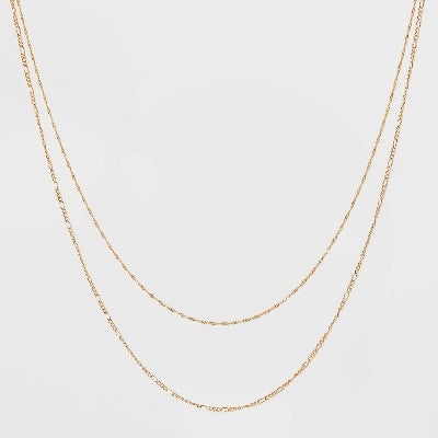 14K Gold Plated Twist and Figaro Chain Faux Duo Necklace