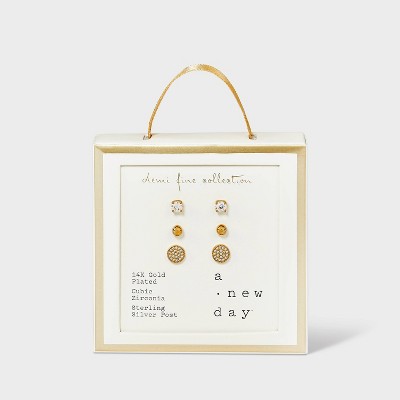 14K Gold Plated Cubic Zirconia Ball Pave Trio Stud Earring Set - A New Day  Gold: Polished Basket Setting