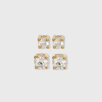 14K Gold Plated Cubic Zirconia Duo Stud Earring Set 2pc
