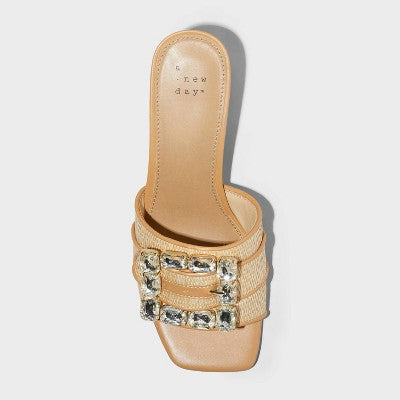 Women's 9.5 Kathleen Raffia Buckle Block Heels - A New Day Beige : Slip-On Open Square Toe, Medium Width