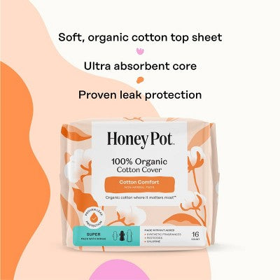 The Honey Pot Company, Non-Herbal Super Pads with Wings, Organic Cotton Cover - 16ct