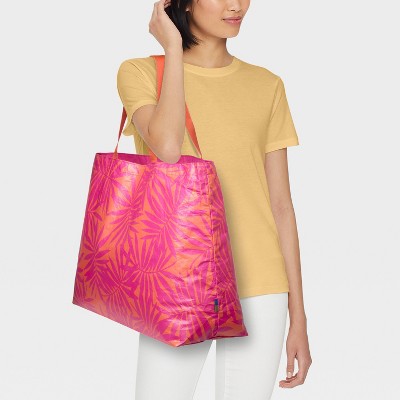 Water Resistant Reversible Tote Bag - Open Story  Pink/Coral Palm: Double Handles