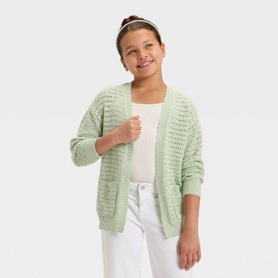 Girls' L (10/12) Pointelle Cardigan - Cat & Jack Light Sage Green