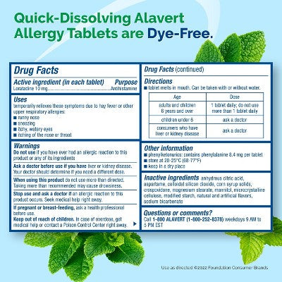 Alavert 24-Hour Allergy Relief Dissolving Tablets - Loratadine - Fresh Mint Flavor - 60ct **Exp 2026/09** *Damaged Box*