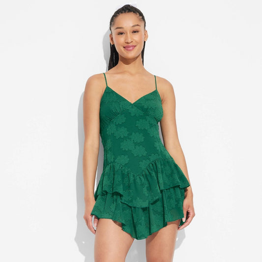 Women's XS Game Day Ruffle Mini Skater Dress - Wild Fable Green