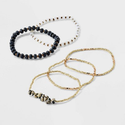 Mixed Semi-Precious Black Howlite Cylinder Beaded Bracelet Set 5pc - Universal Thread  Gold/Black: Glass, Brass, Acrylic