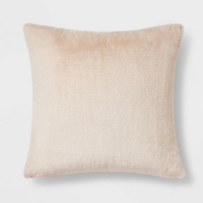 Oversized Faux Rabbit Fur Square Throw Pillow Neutral - Threshold : Cozy Decorative Cushion for Indoor Use
