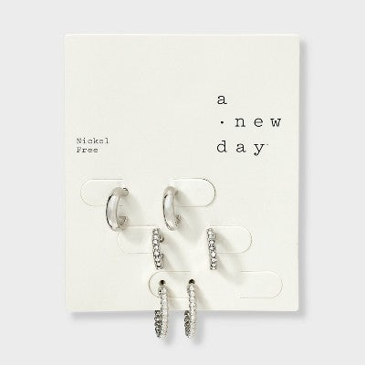 Rhodium Hoop Earring Set 3pc - A New Day  Silver