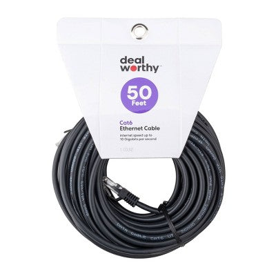 Cat 6 Ethernet Cable - Dealworthy  50' Black - 1.25 Gbps RJ-45 Male-to-Male
