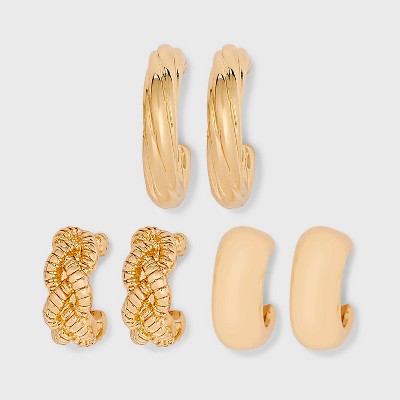 Braided and Twist Textured Hoop Earring Set 3pc - Universal Thread  Silver