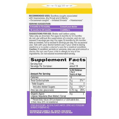 Zarbee's Baby Cough Syrup + Immune with Organic Agave & Zinc - Natural Grape Flavor - 2 fl oz *Exp 12/2026* *Damaged Box*