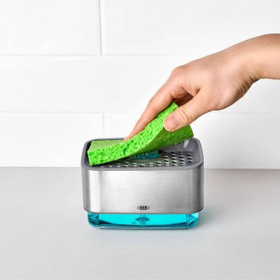 OXO Soap Dispensing Sponge Holder Black: Kitchen Dish Soap Dispenser, Plastic, Hand Wash, 6 oz Capacity, Gray