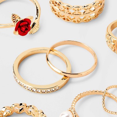 Pearl Heart and Rose Multi Ring Set 8pc - Wild Fable  Gold: Zinc Band, Stacking, Statement Jewelry