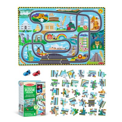 Melissa & Doug Race Around the World Tracks Cardboard Jigsaw Floor Puzzle and Wind-Up Vehicles   48pc