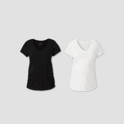 Women's L - Short Sleeve V Neck Side Shirred 2pk Bundle Maternity T-Shirt - Isabel Maternity by Ingrid & Isabel Black/White