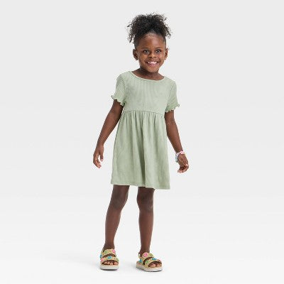 Girls' 12M Toddler Short Sleeve Ribbed Dress - Cat & Jack Olive Cotton Blend, A-Line, Crew Neck, Machine Washable