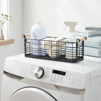 Wire Divided Basket Black with Natural Wood Handles - Brightroom