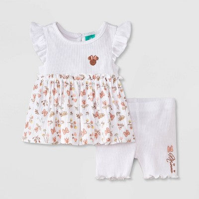 Girls' 3-6M 2pc Disney Minnie Mouse Floral Short Sleeve Shirt and Biker Shorts Set - White